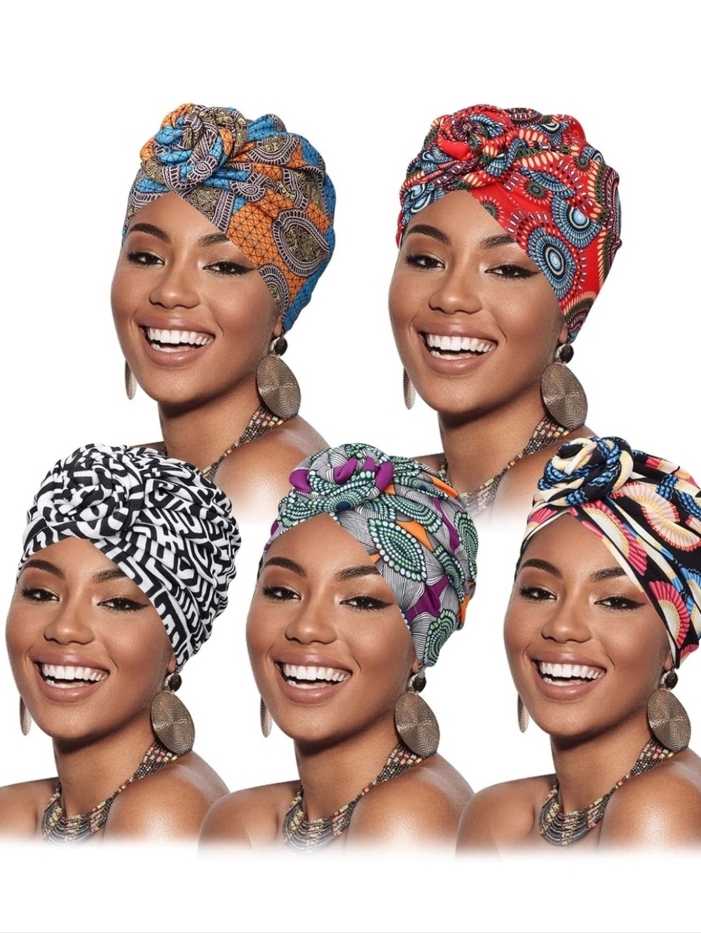 African Print Knot Turban Headwrap - Multi Color 5 PACK